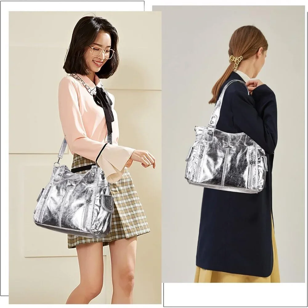〽️Women's Silver PU Leather Hobo Shoulder Bag with Top Handle and Zipper Pockets